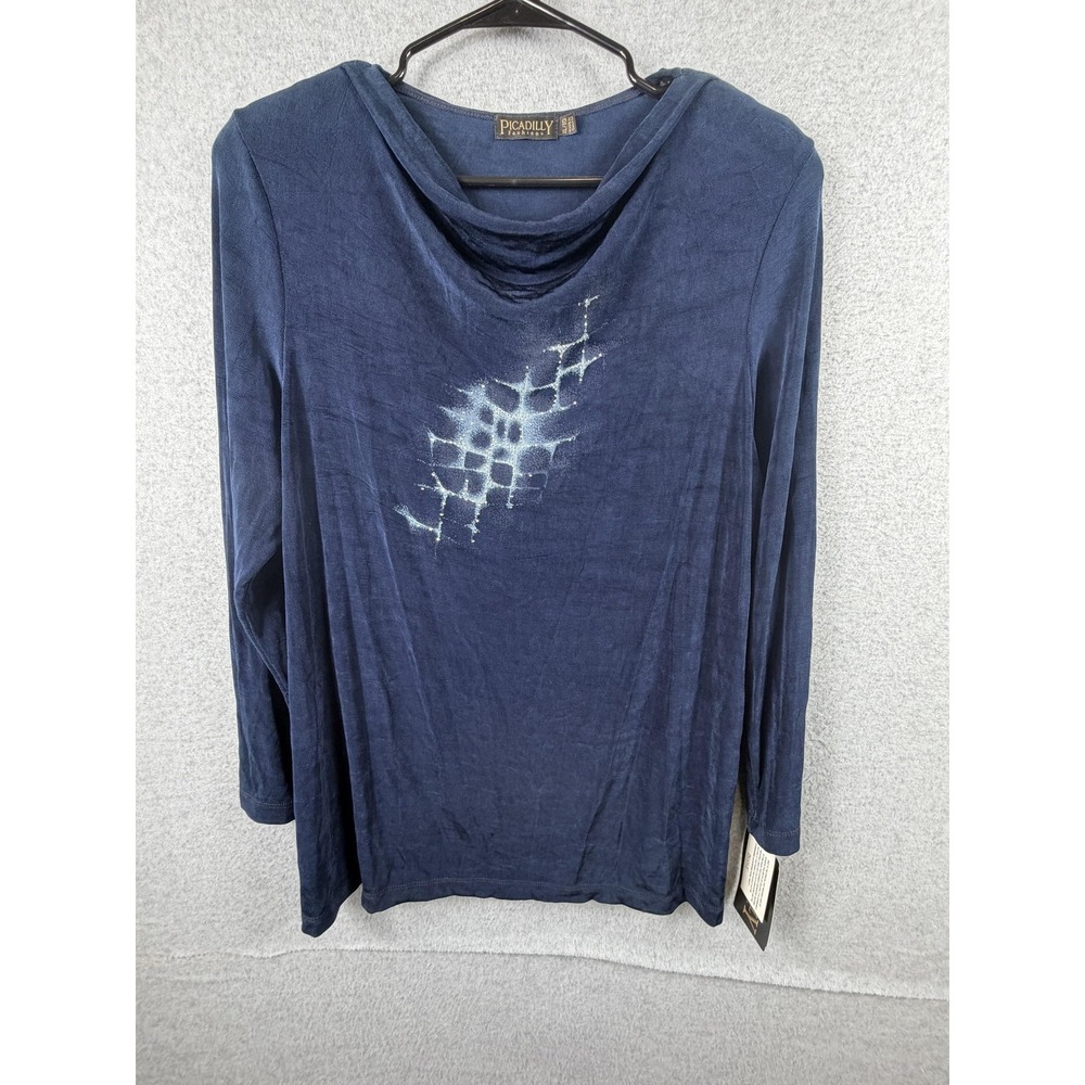 Picadilly Fashions Blouse Womens XL Navy Cowl Neck Abstract Long Sleeve Knit Top
